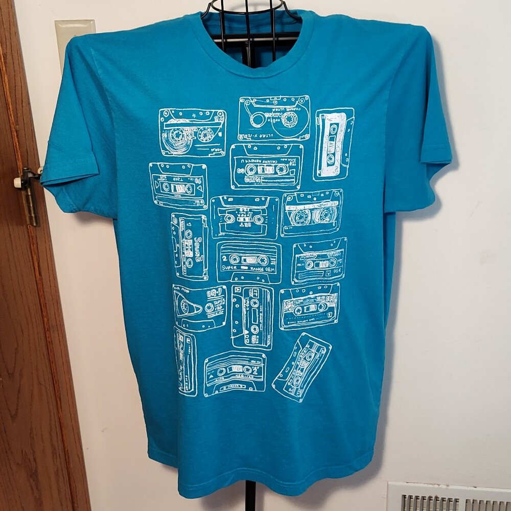 Old Navy teal cassette pattern t-shirt, excellent used condition, size XL